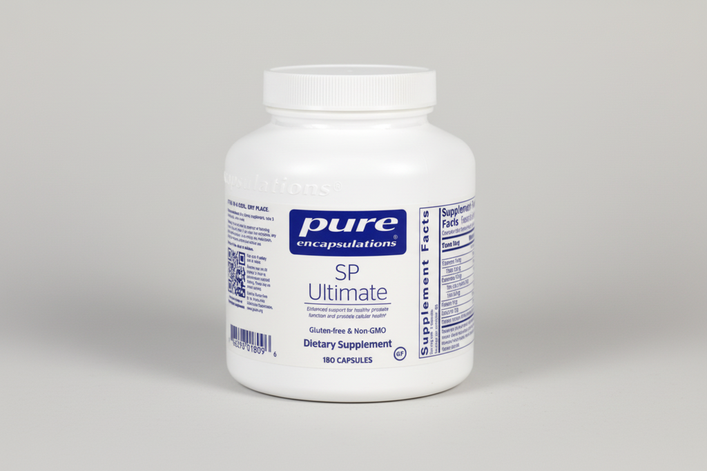 White supplement container with 'pure encapsulations' label on a white background