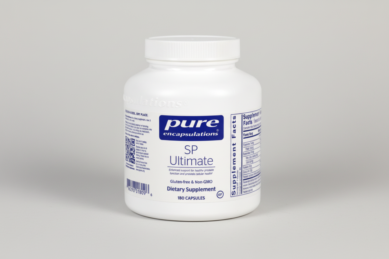 White supplement container with 'pure encapsulations' label on a white background