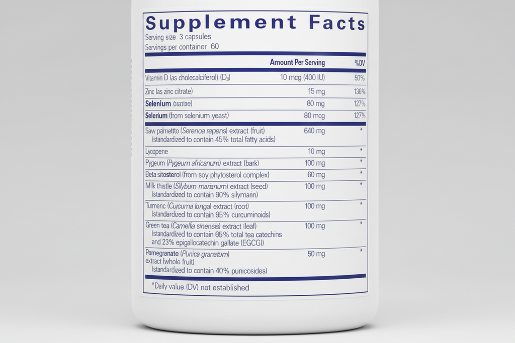 Supplement facts label with various nutrients and their amounts per serving
