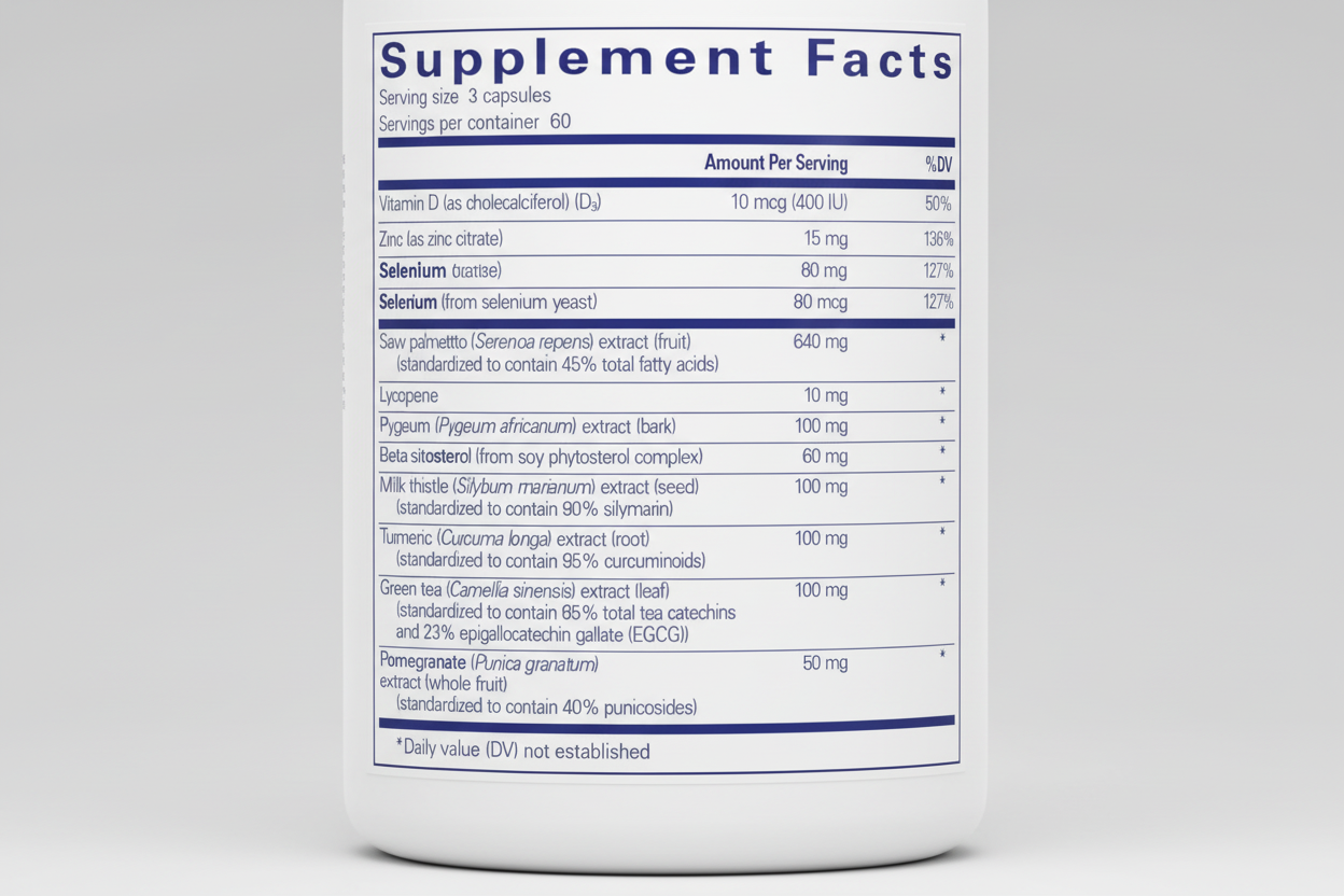 Supplement facts label with various nutrients and their amounts per serving