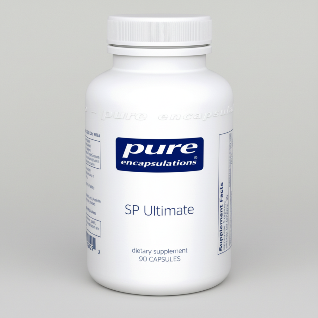 White supplement bottle labeled 'pure encapsulations SP Ultimate' on a white background