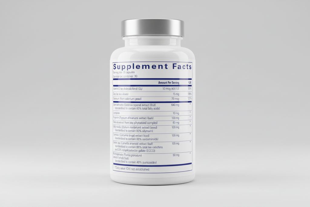 Supplement facts label with detailed nutritional information on a white background