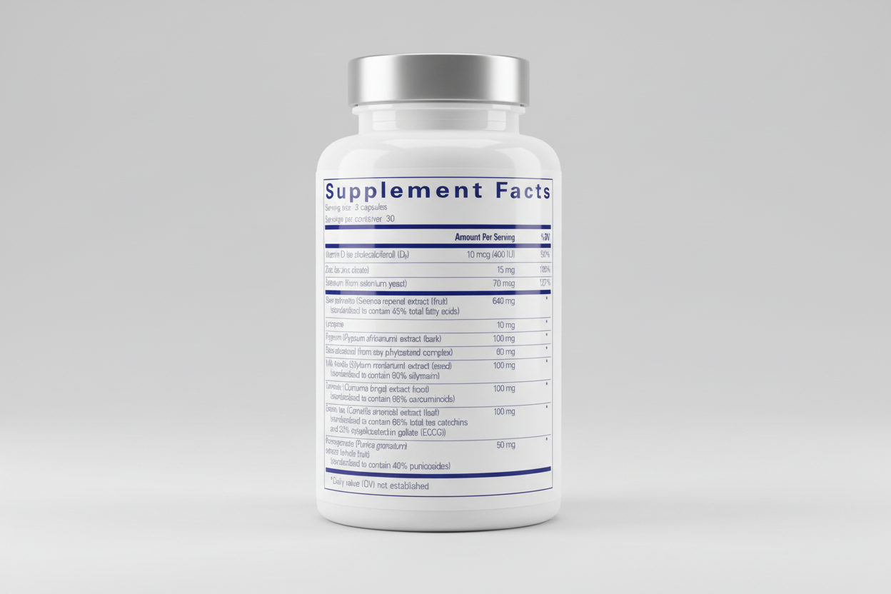 Supplement facts label with detailed nutritional information on a white background
