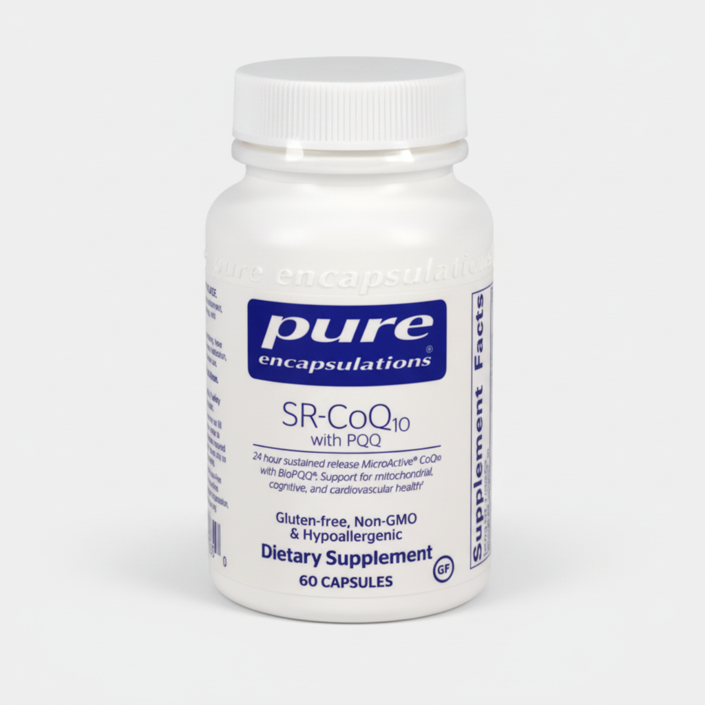 White supplement bottle labeled 'pure encapsulations' on a white background