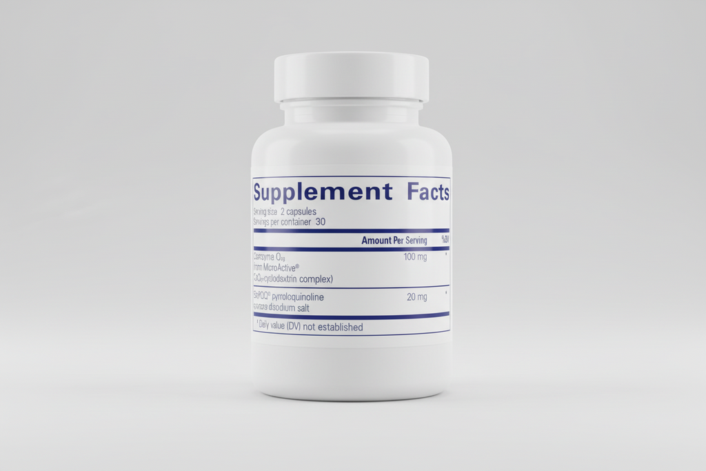 Supplement facts label with Coenzyme Q10 and BioPQQ information on a blue background