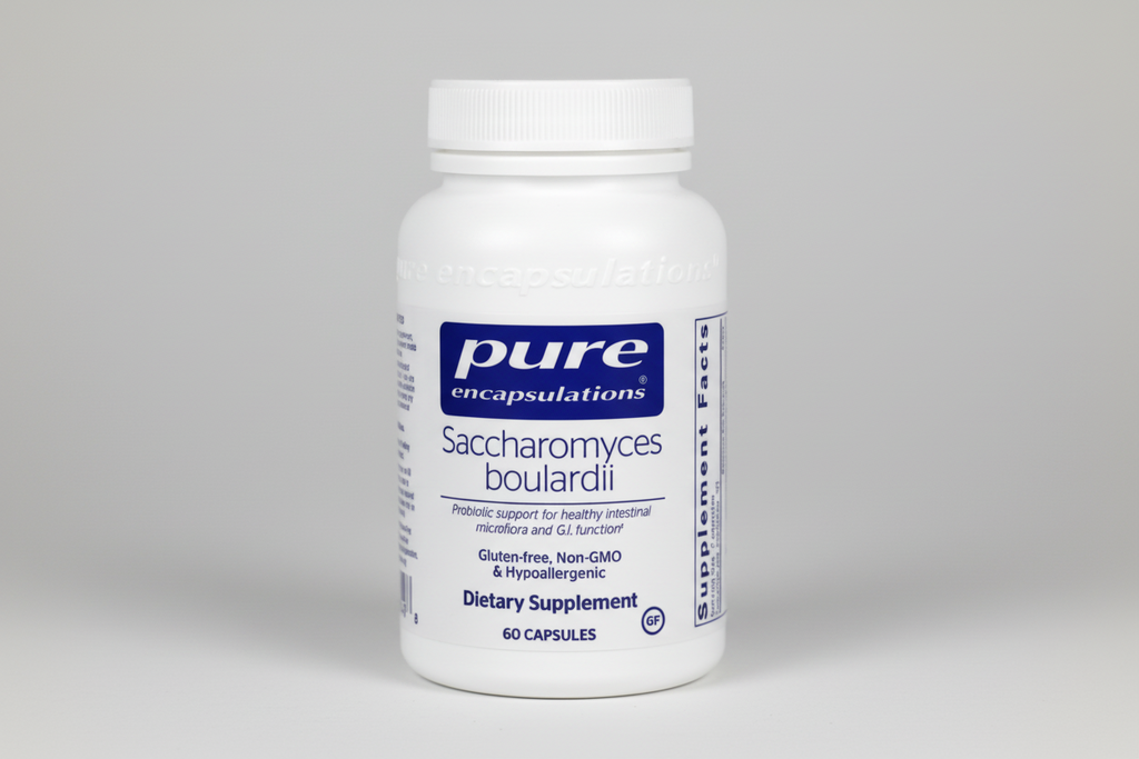 White supplement bottle labeled 'pure encapsulations' on a white background