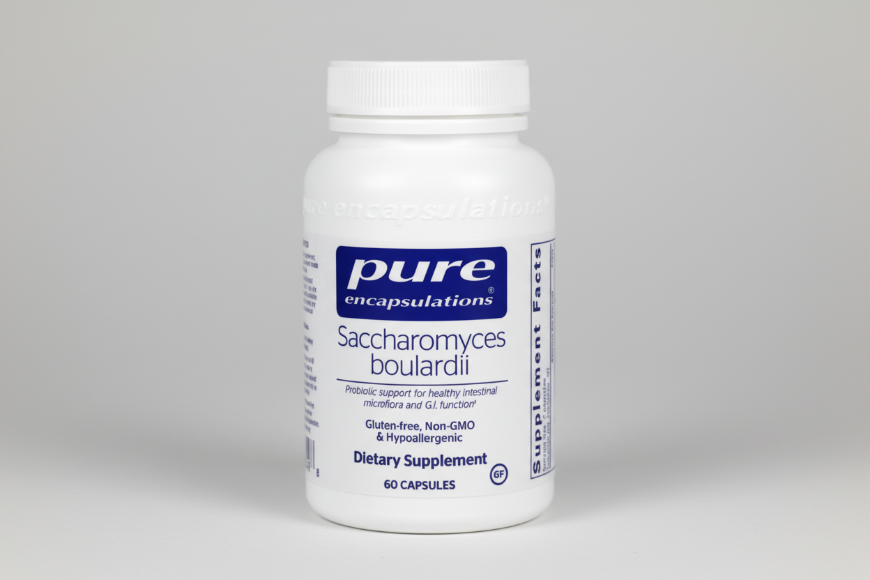 White supplement bottle labeled 'pure encapsulations' on a white background