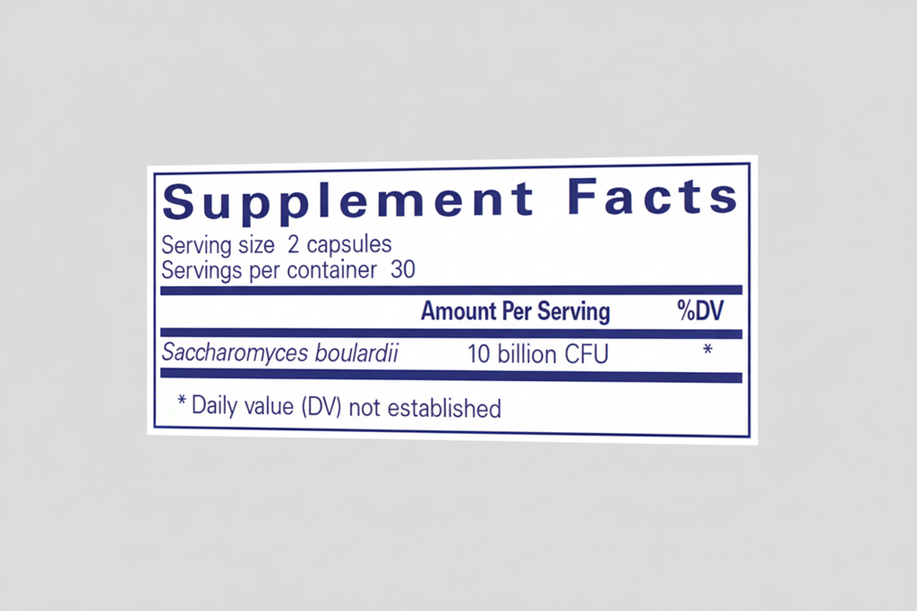 Supplement facts label with Saccharomyces boulardii content on a blue background