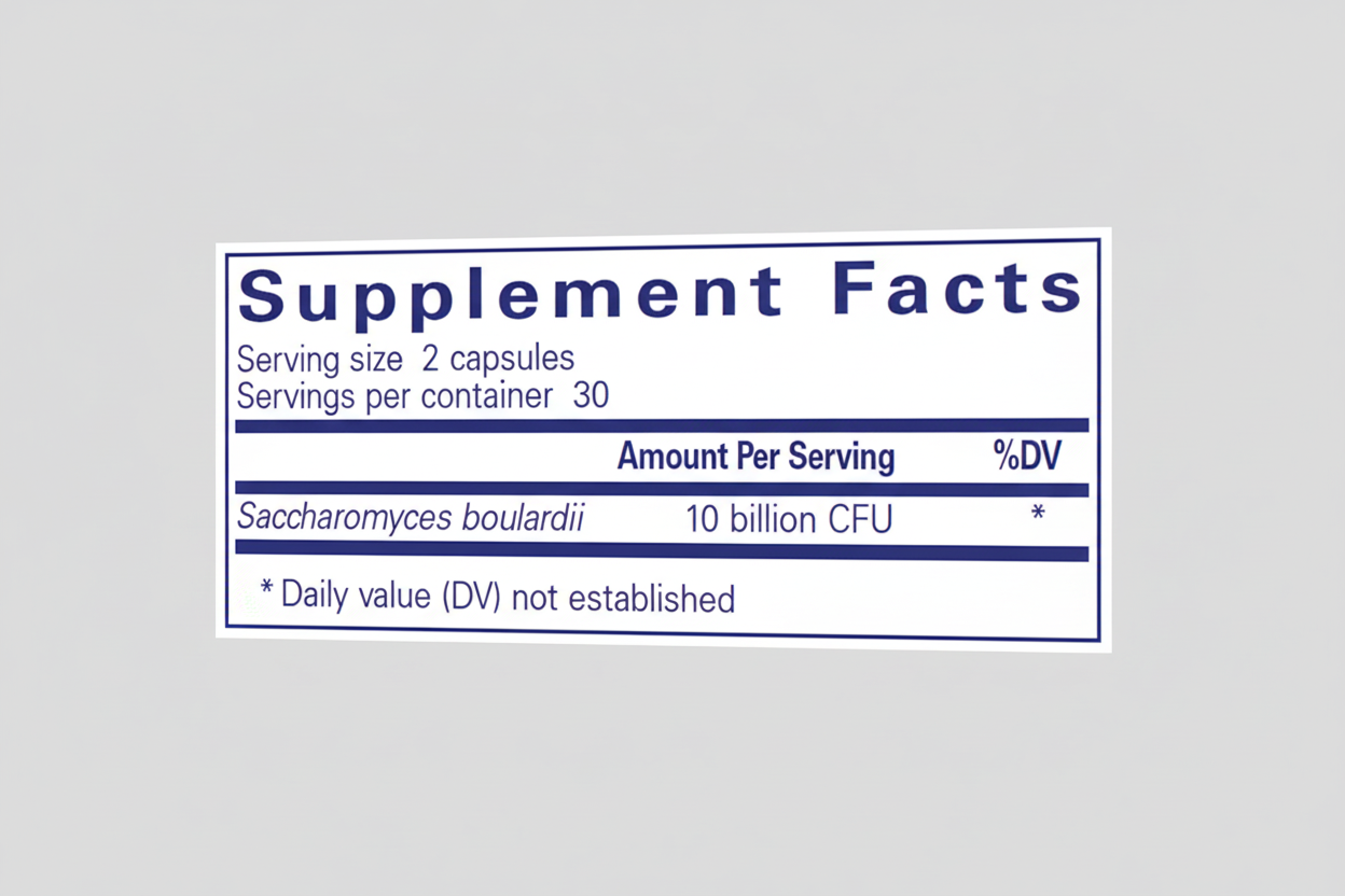 Supplement facts label with Saccharomyces boulardii content on a blue background