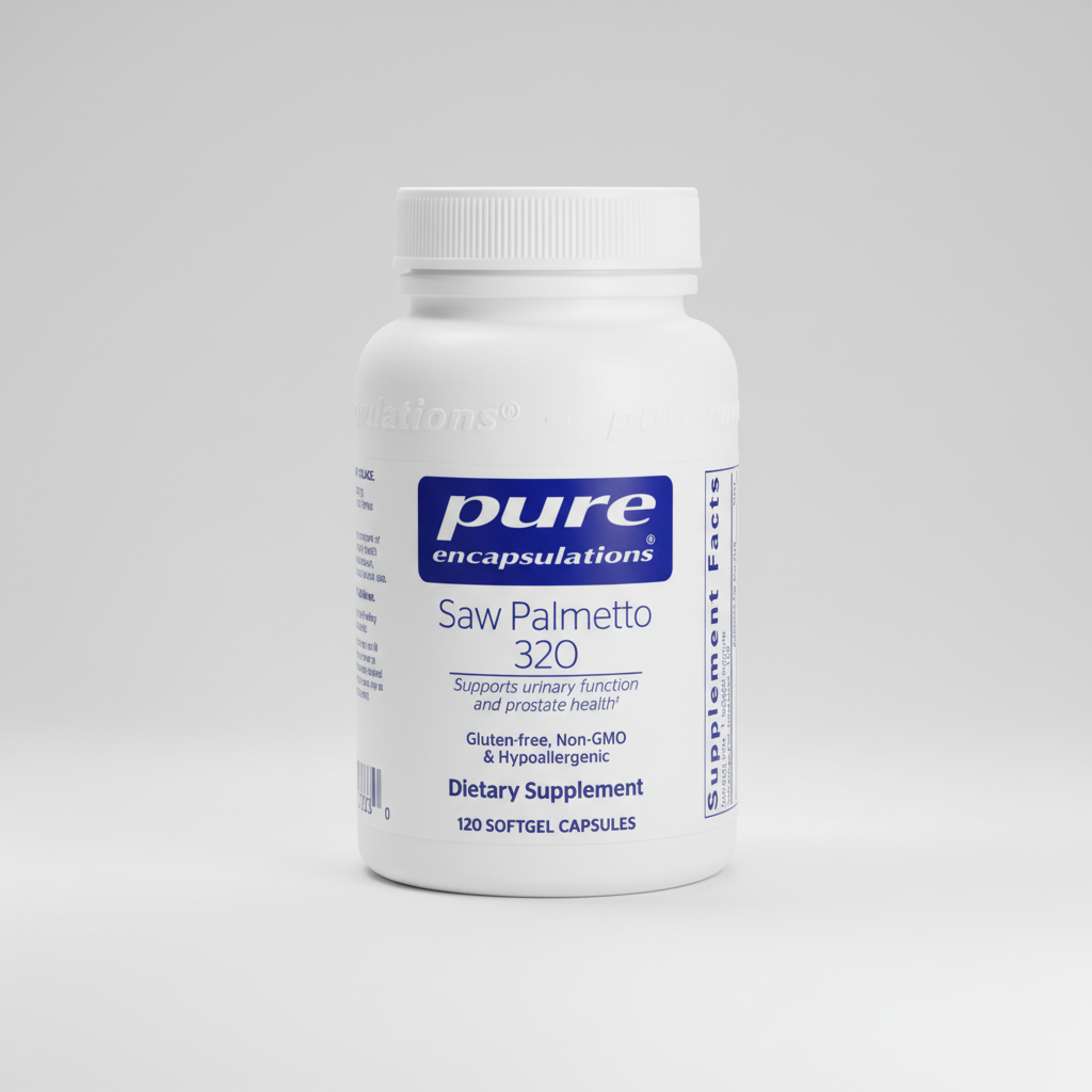 White supplement bottle labeled 'pure encapsulations Saw Palmetto 320' on a white background