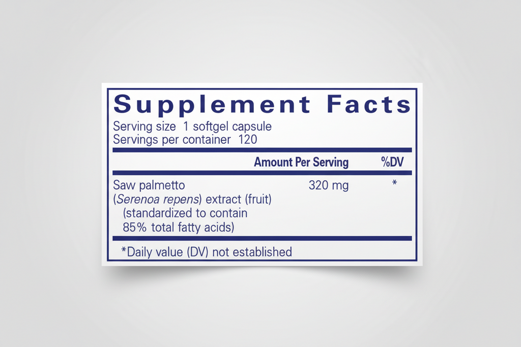 Supplement facts label with saw palmetto extract on a white background