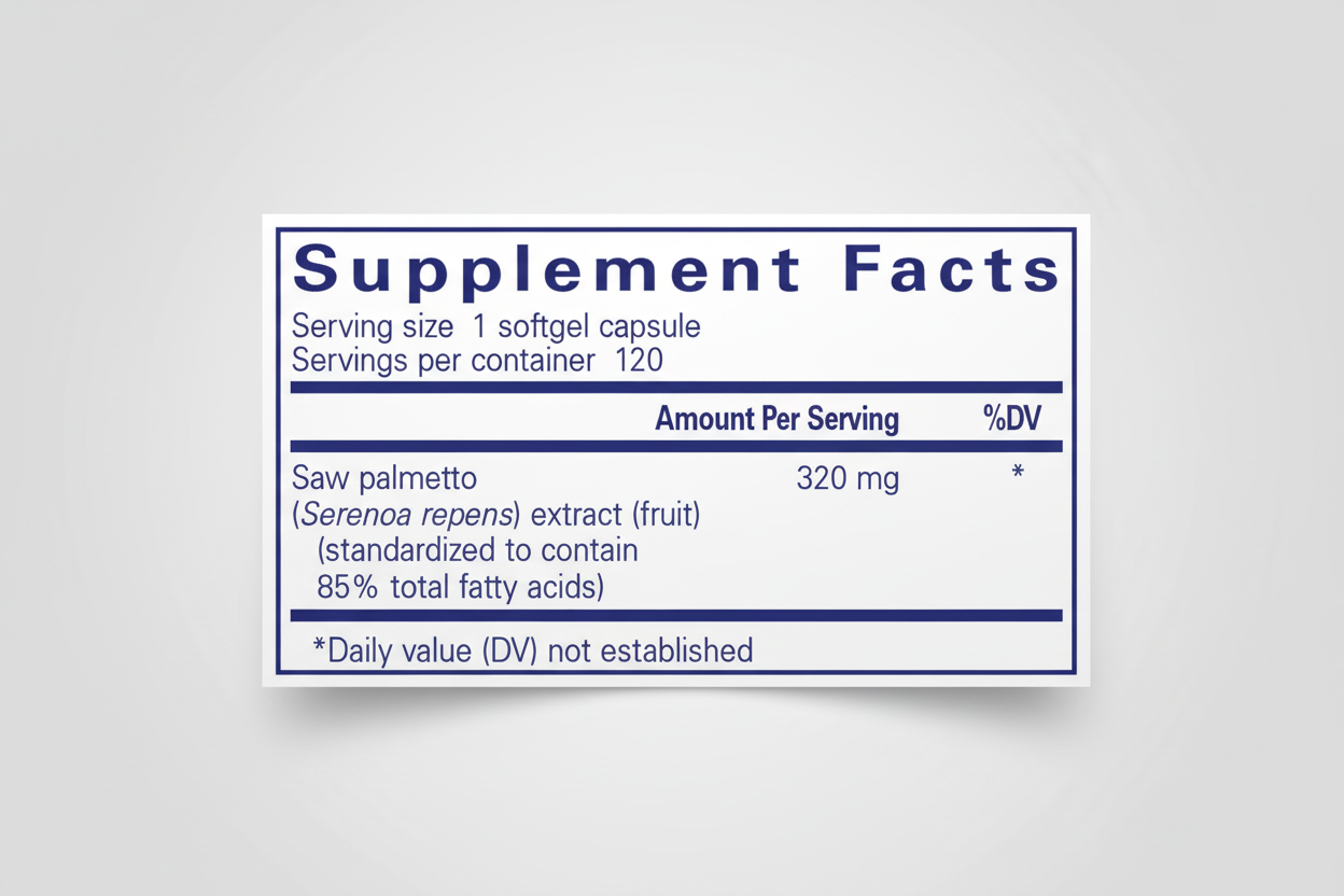Supplement facts label with saw palmetto extract on a white background