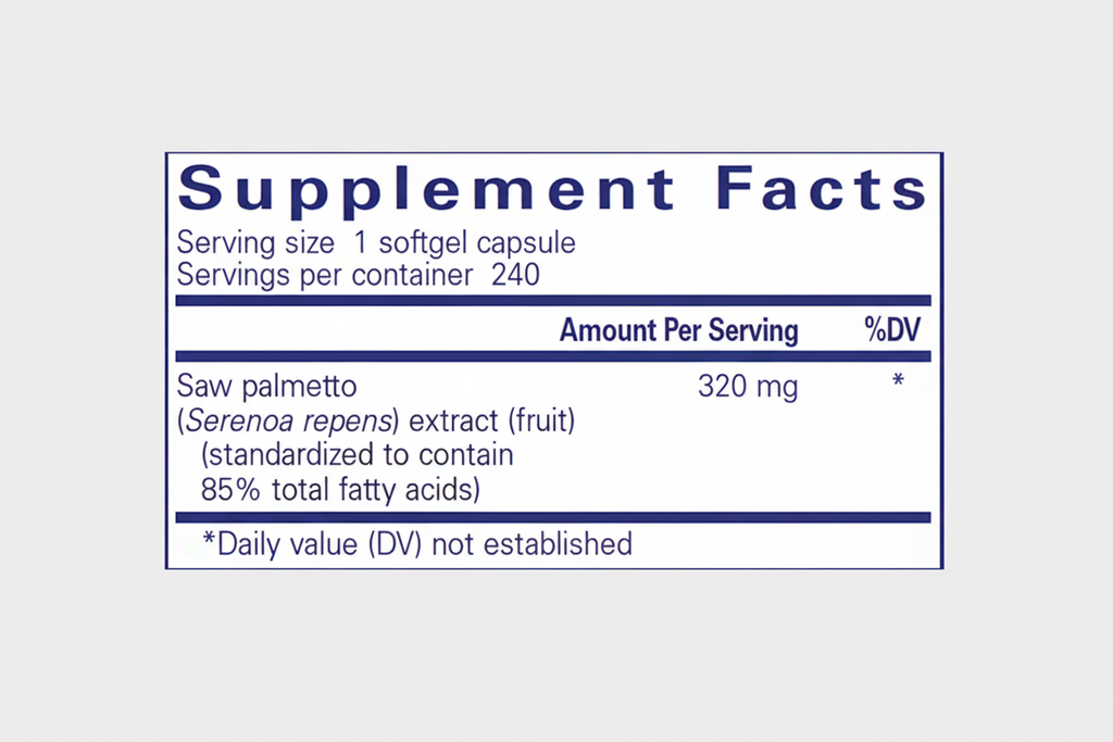 Supplement facts label with saw palmetto extract on a white background