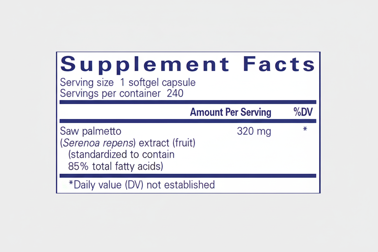Supplement facts label with saw palmetto extract on a white background
