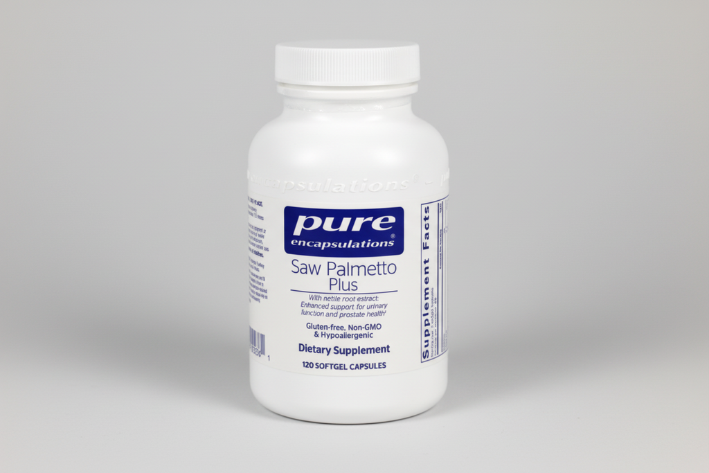 White supplement bottle labeled 'Saw Palmetto Plus' by Pure Encapsulations on a white background