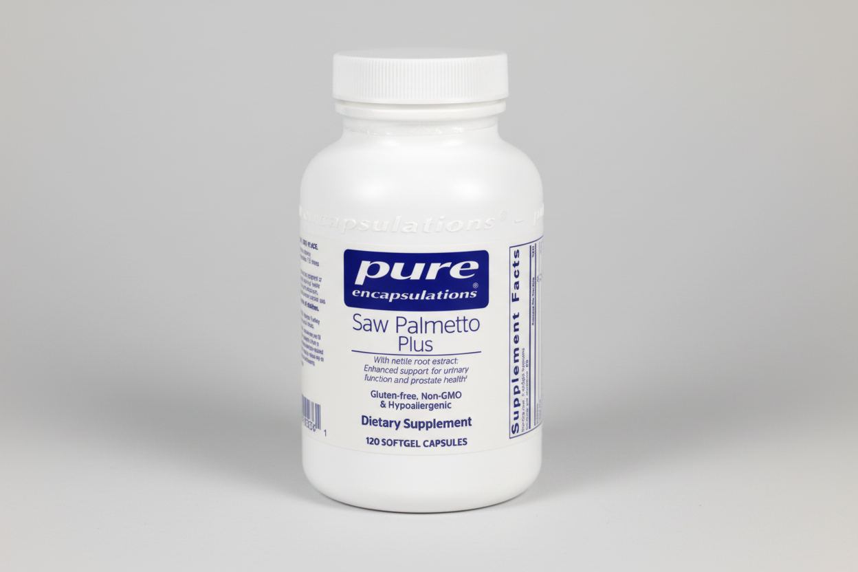 White supplement bottle labeled 'Saw Palmetto Plus' by Pure Encapsulations on a white background