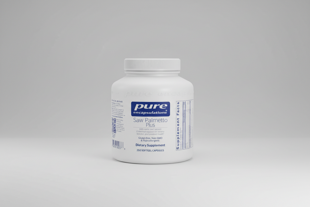White supplement container labeled 'Saw Palmetto Plus' by Pure Encapsulations on a white background