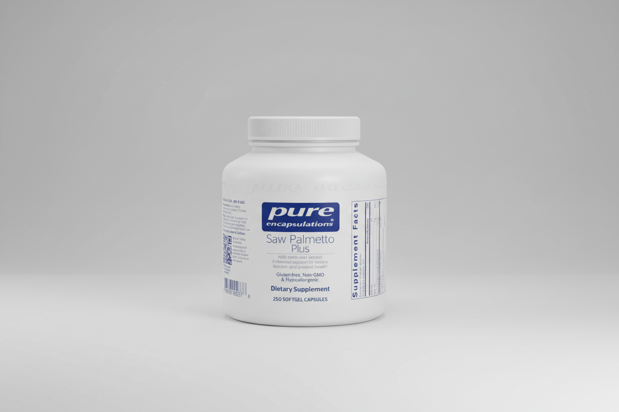 White supplement container labeled 'Saw Palmetto Plus' by Pure Encapsulations on a white background