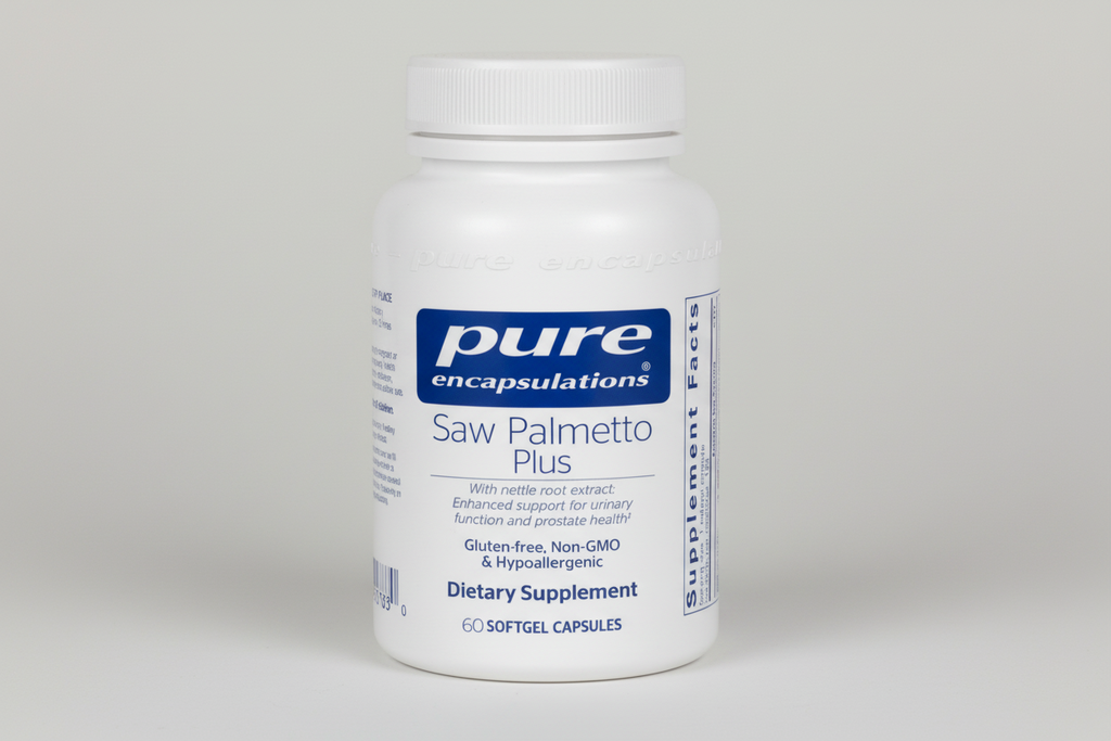 White supplement bottle labeled 'Saw Palmetto Plus' by Pure Encapsulations on a white background