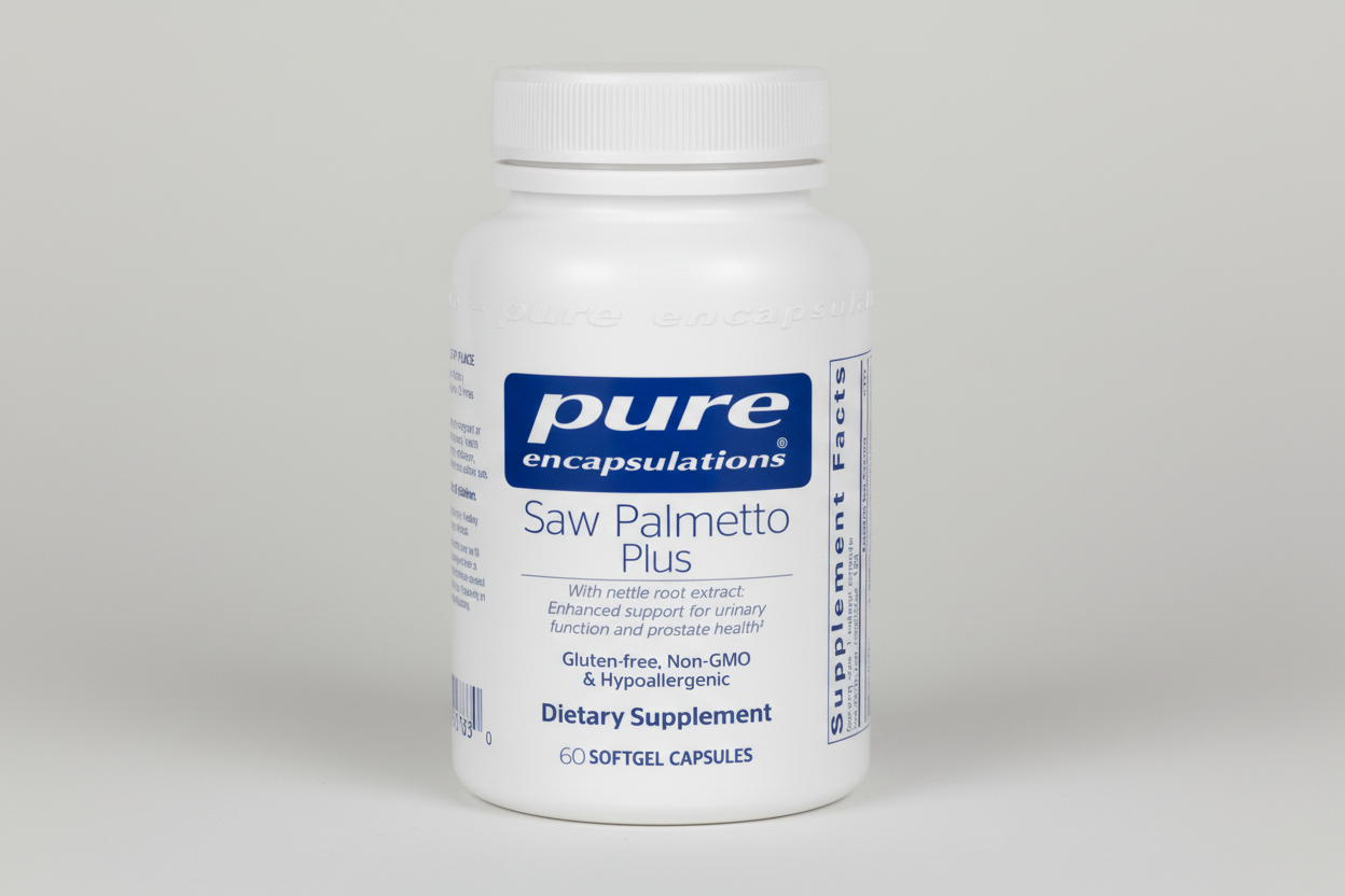 White supplement bottle labeled 'Saw Palmetto Plus' by Pure Encapsulations on a white background