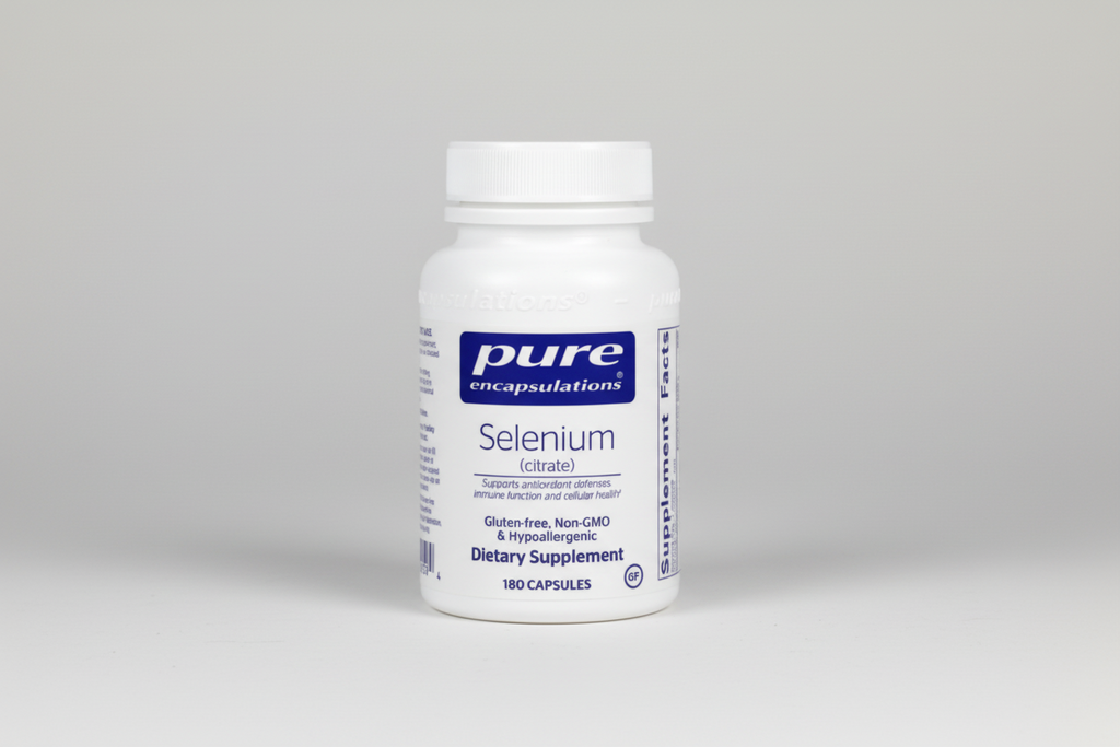 White supplement bottle labeled 'pure encapsulations Selenium' on a white background