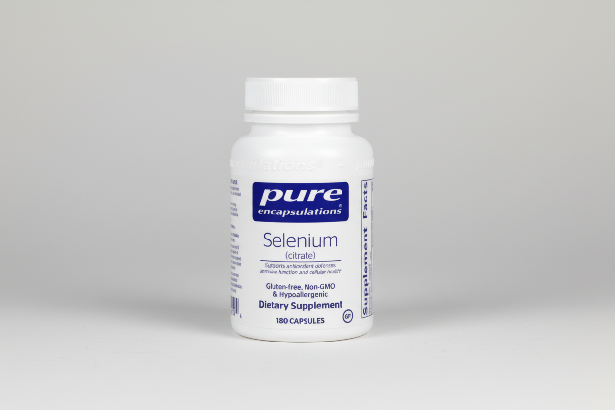 White supplement bottle labeled 'pure encapsulations Selenium' on a white background