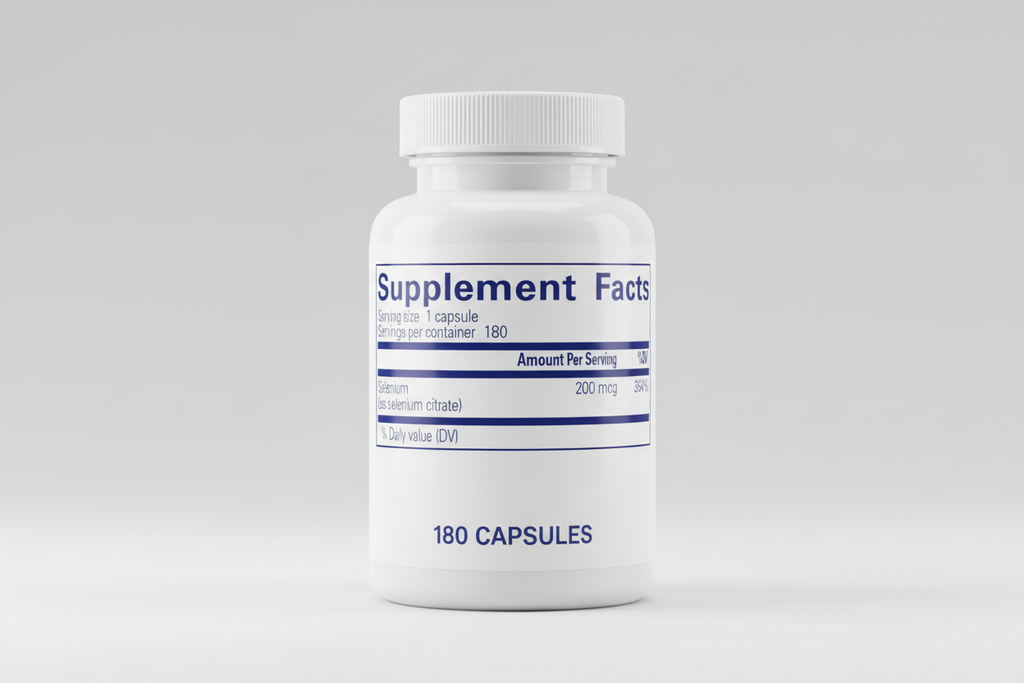 Supplement facts label for selenium with serving size and daily value information.