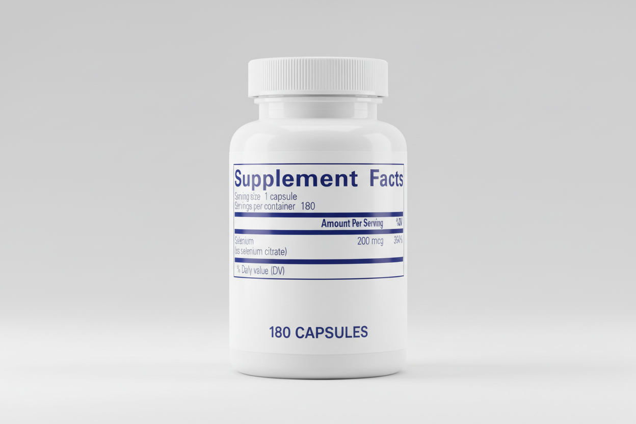 Supplement facts label for selenium with serving size and daily value information.