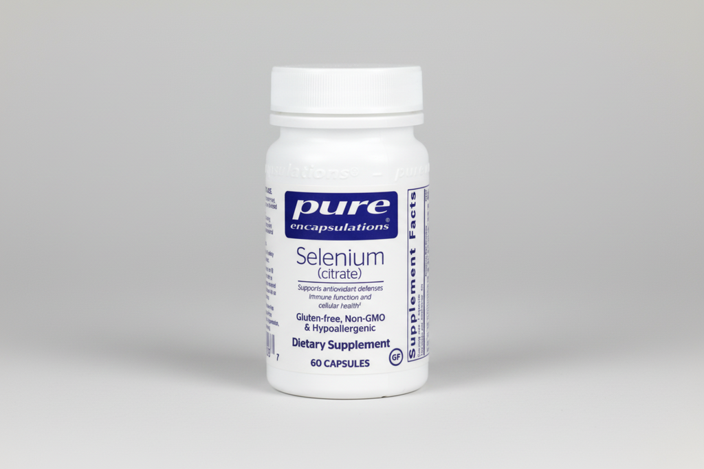 Supplement bottle labeled 'pure encapsulations Selenium' on a white background