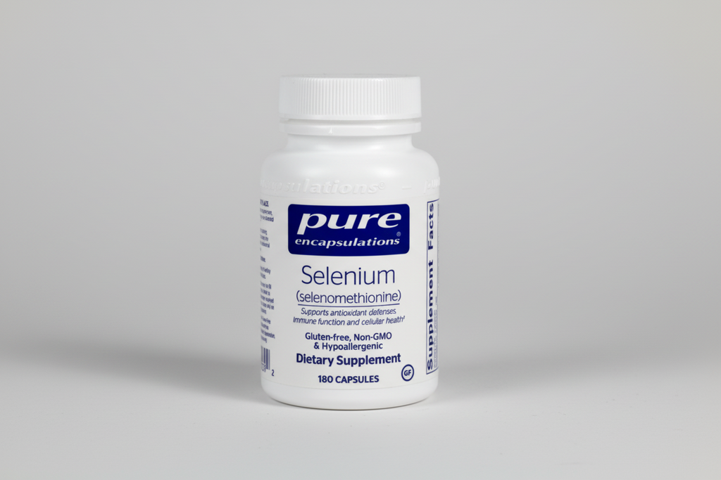 Supplement bottle labeled 'pure encapsulations Selenium' on a white background