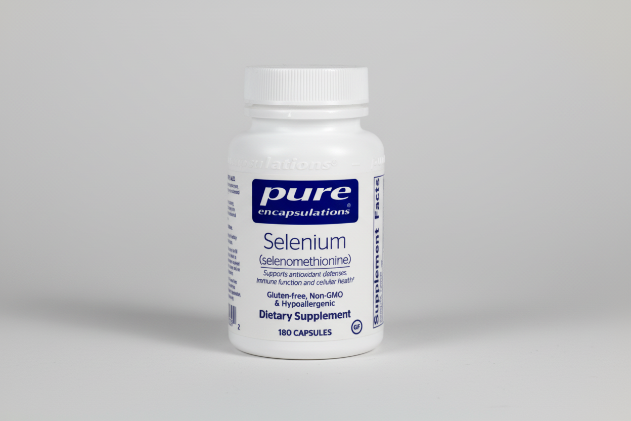 Supplement bottle labeled 'pure encapsulations Selenium' on a white background