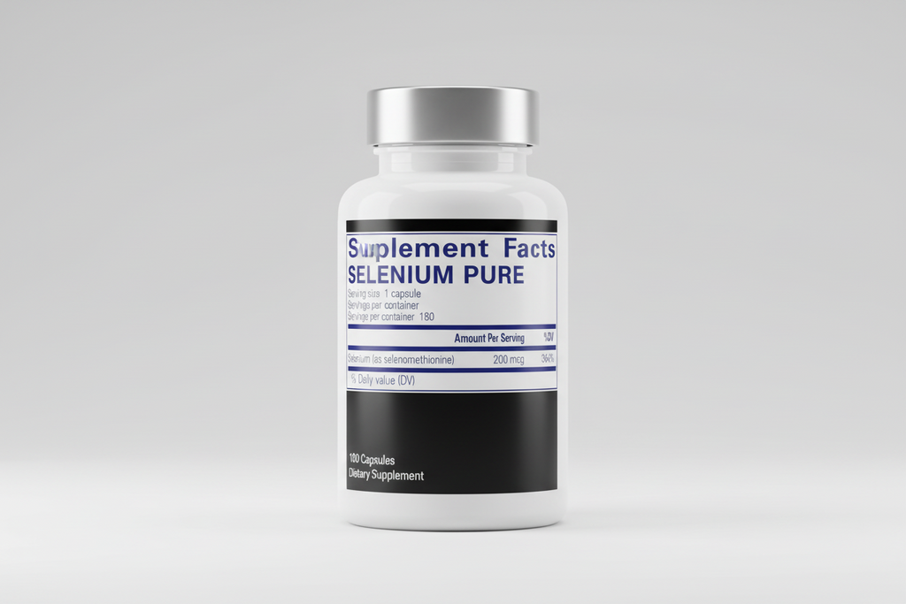 Supplement facts label with selenium content on a blue background