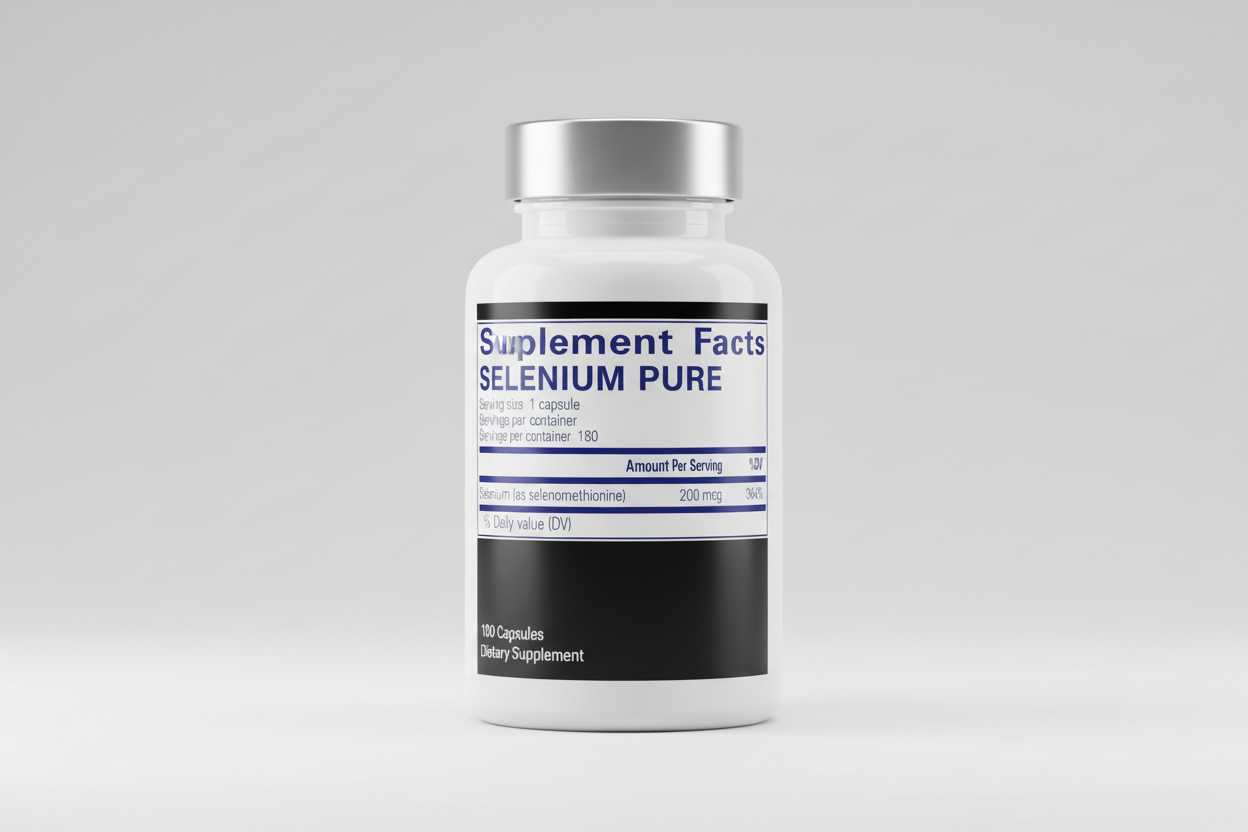 Supplement facts label with selenium content on a blue background