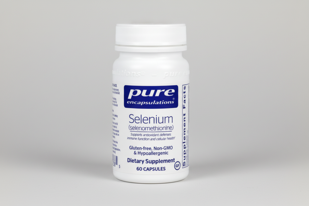 Supplement bottle labeled 'pure encapsulations Selenium' on a white background