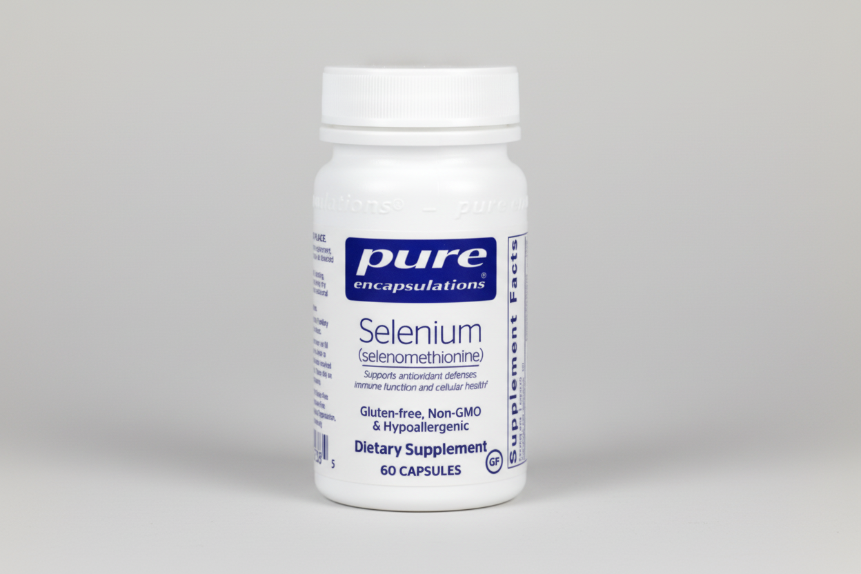 Supplement bottle labeled 'pure encapsulations Selenium' on a white background