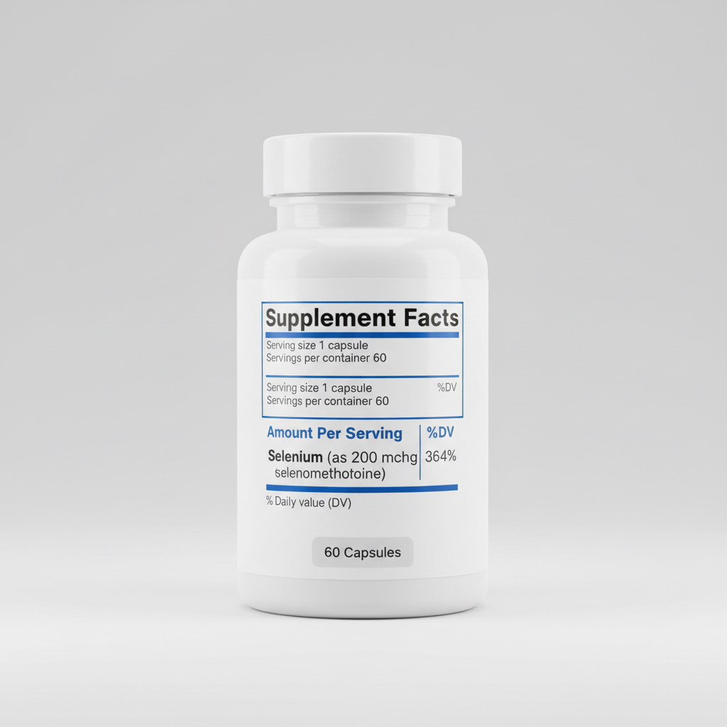 Supplement facts label with selenium content on a blue background