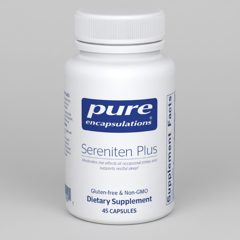 White supplement bottle labeled 'pure encapsulations Sereniten Plus' on a white background