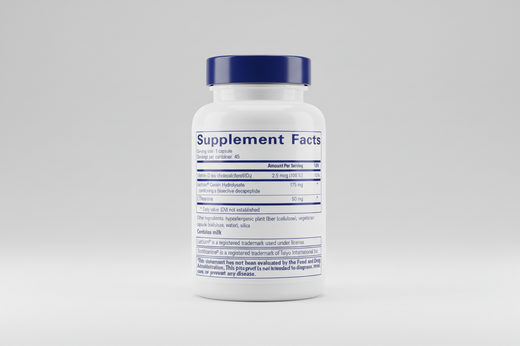 Supplement facts label with detailed nutritional information on a blue background