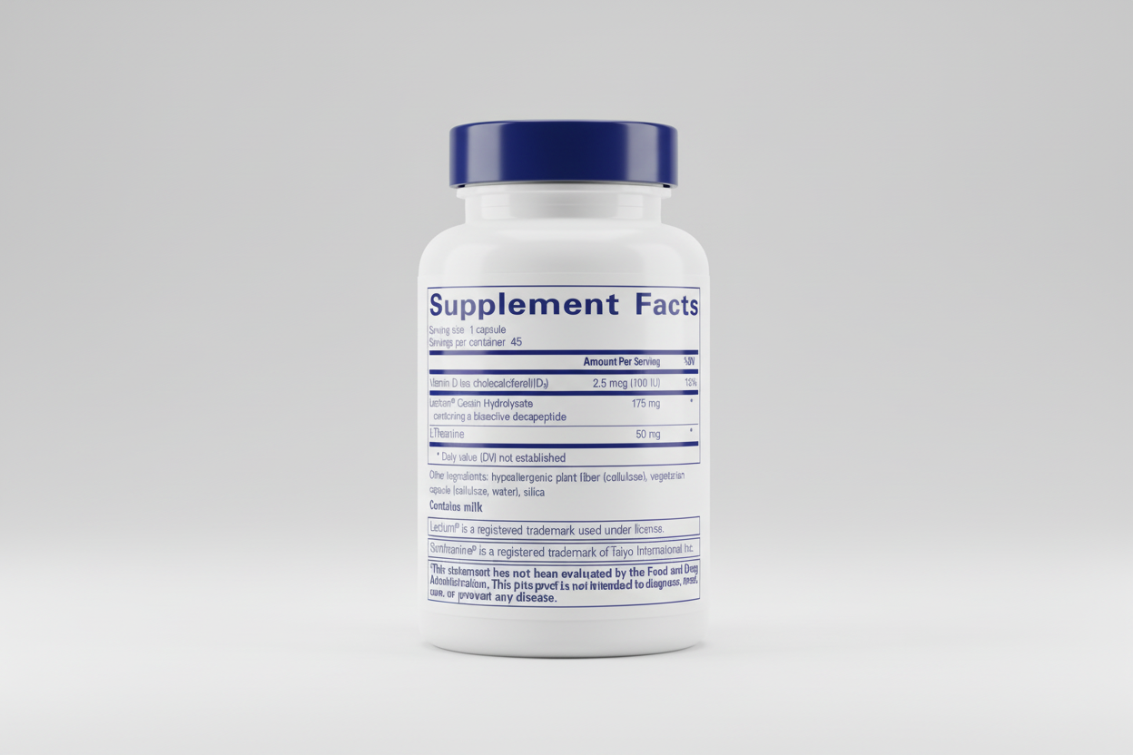 Supplement facts label with detailed nutritional information on a blue background