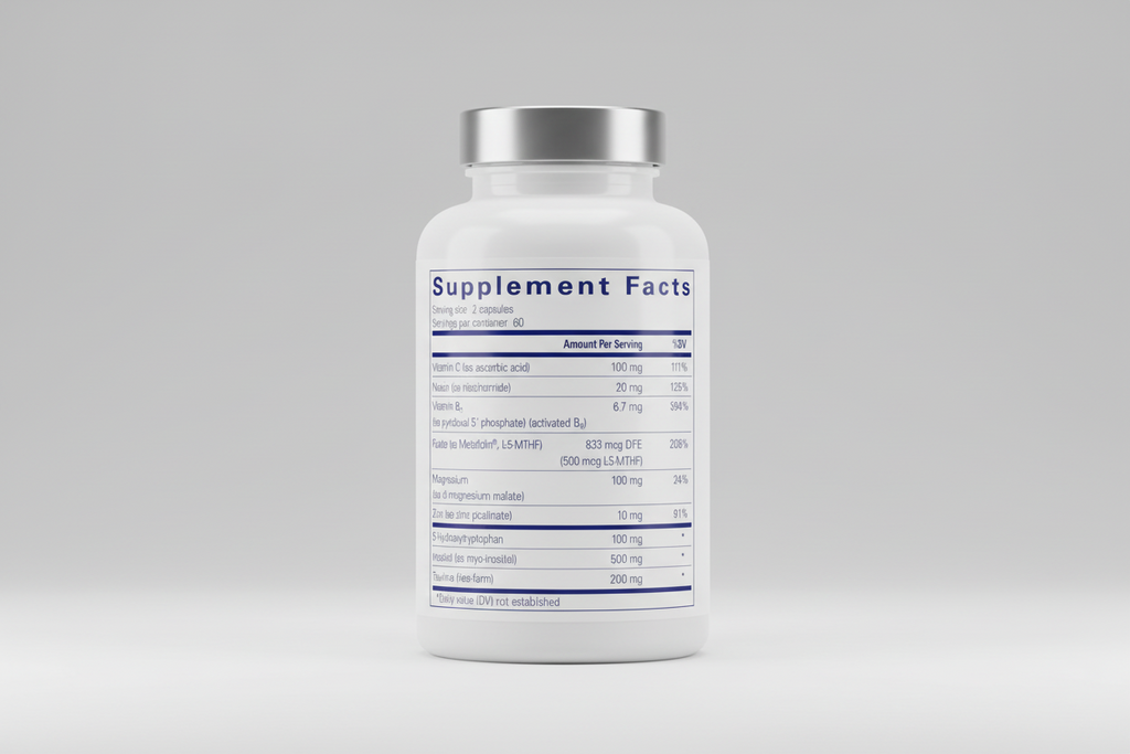 Supplement facts label with various vitamins and minerals listed