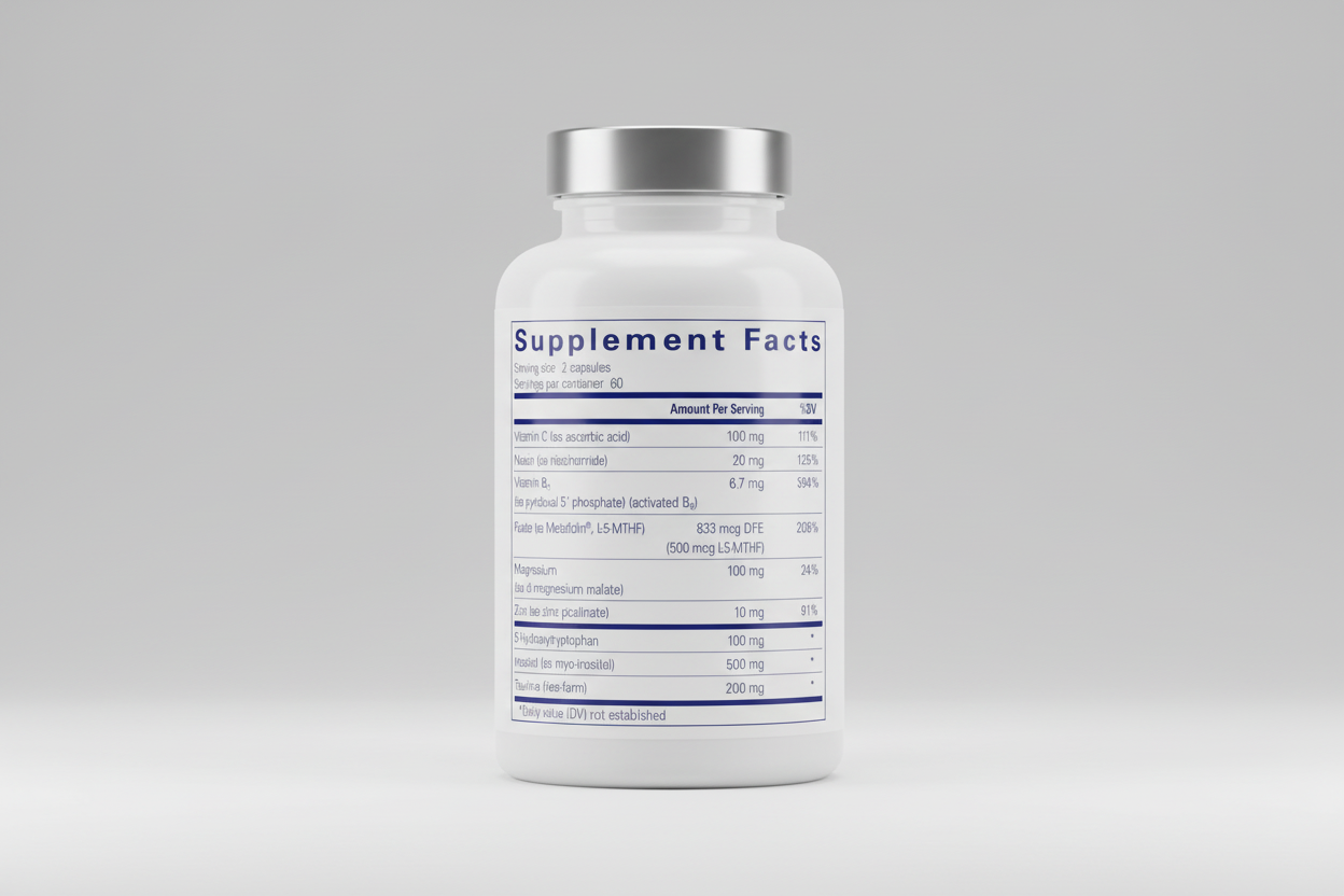 Supplement facts label with various vitamins and minerals listed