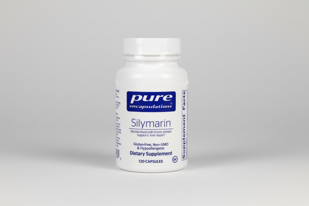 White supplement bottle labeled 'pure encapsulations Silymarin' on a white background