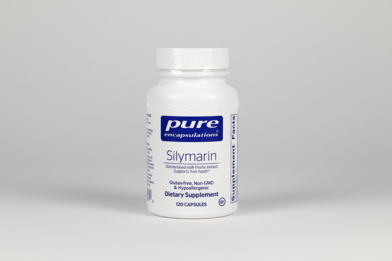 White supplement bottle labeled 'pure encapsulations Silymarin' on a white background