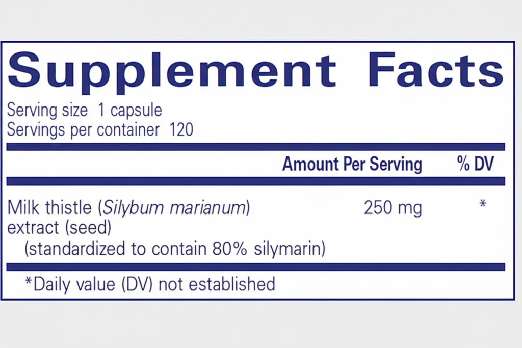 Supplement label with milk thistle extract information