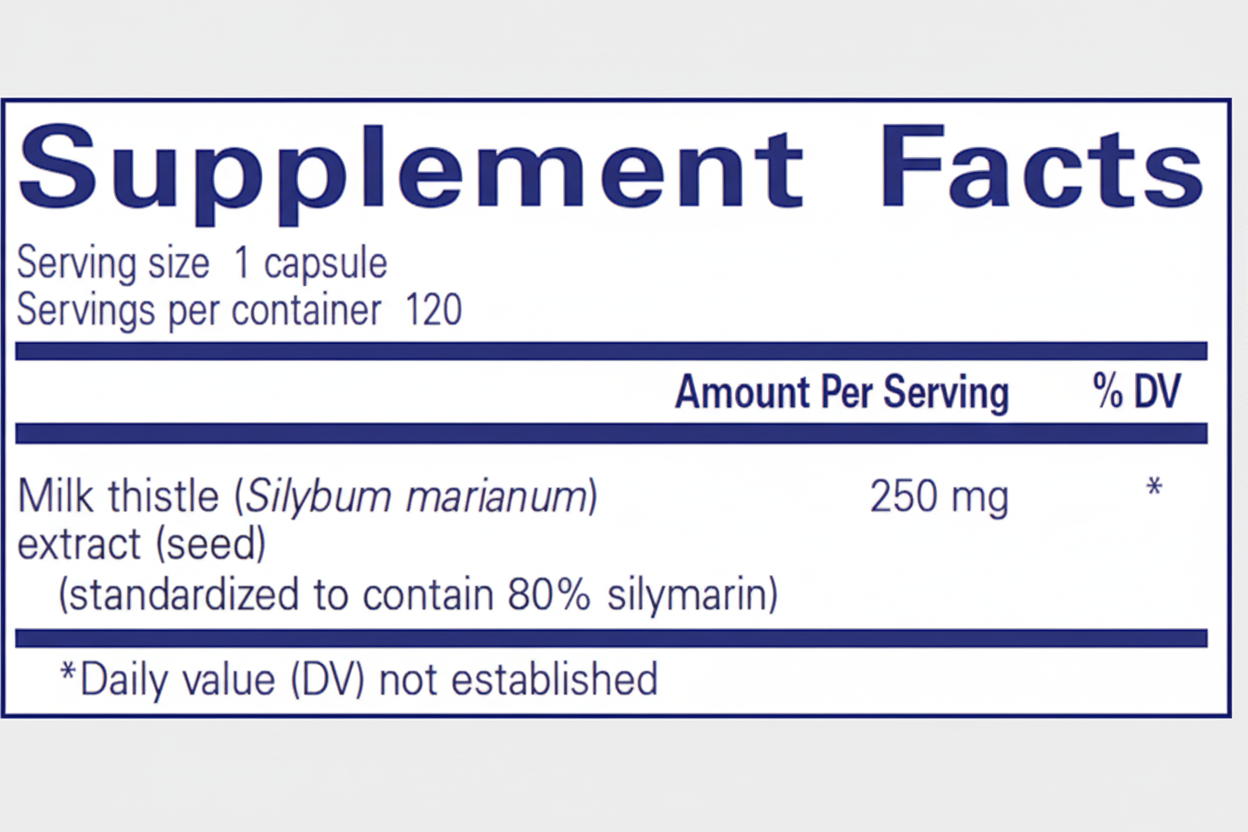 Supplement label with milk thistle extract information