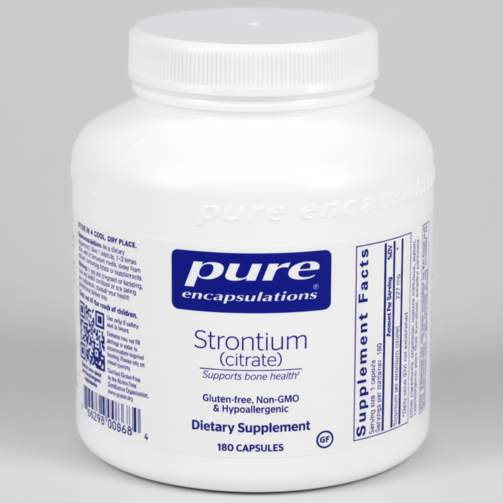 White supplement bottle labeled 'pure encapsulations Strontium (citrate)' on a white background