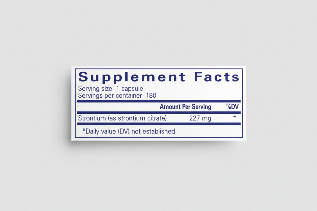 Supplement facts label with strontium content on a blue background