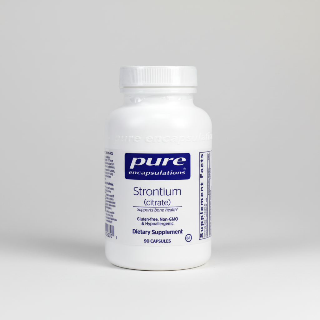 White supplement bottle labeled 'pure encapsulations Strontium (citrate)' on a white background