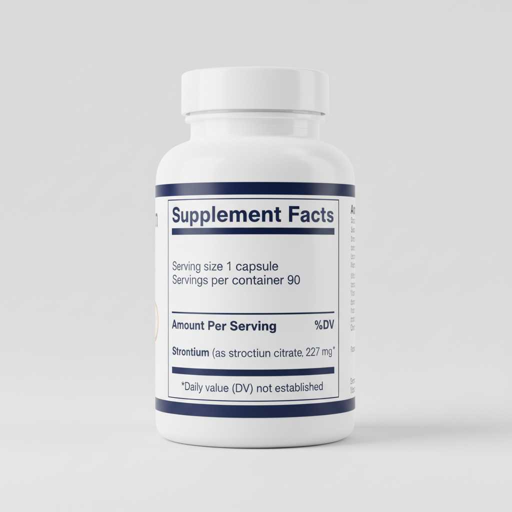 Supplement facts label for strontium citrate with serving size and container details.