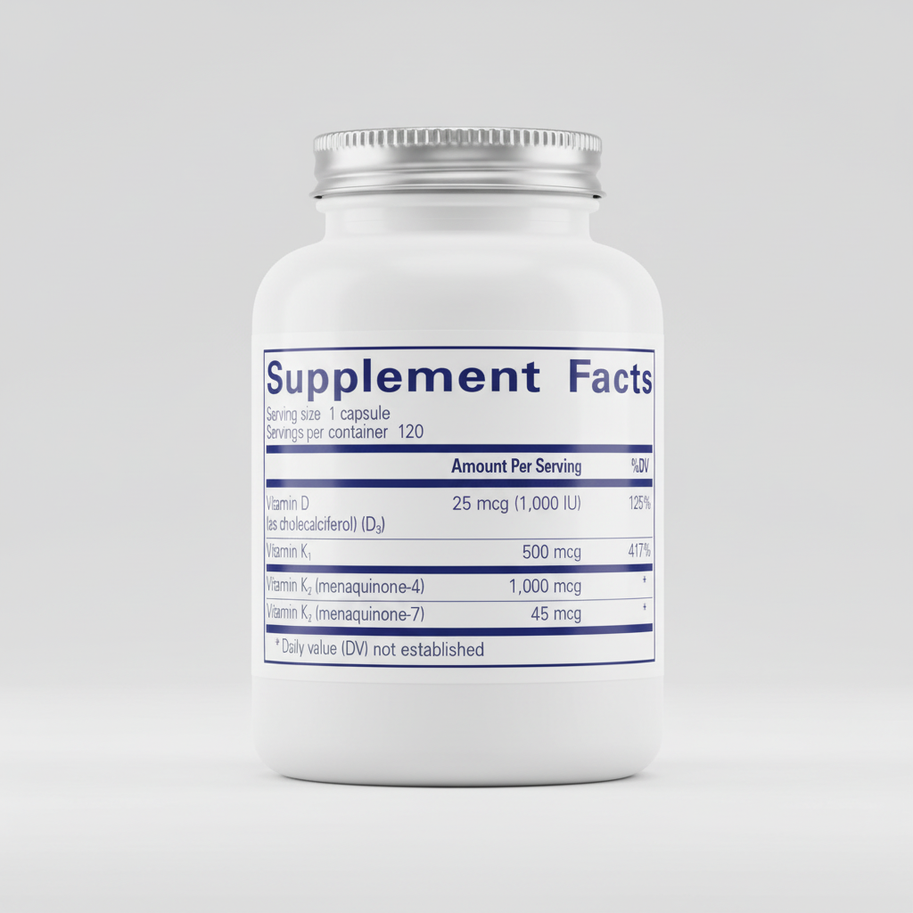 Supplement facts label with vitamins D, K1, K2, and K3 on a blue background
